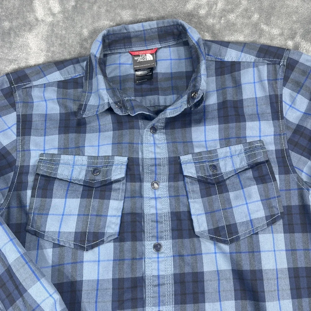 The North Face Shirt Mens Small Blue Plaid Snap Front Western Outdoors Hike Farm
